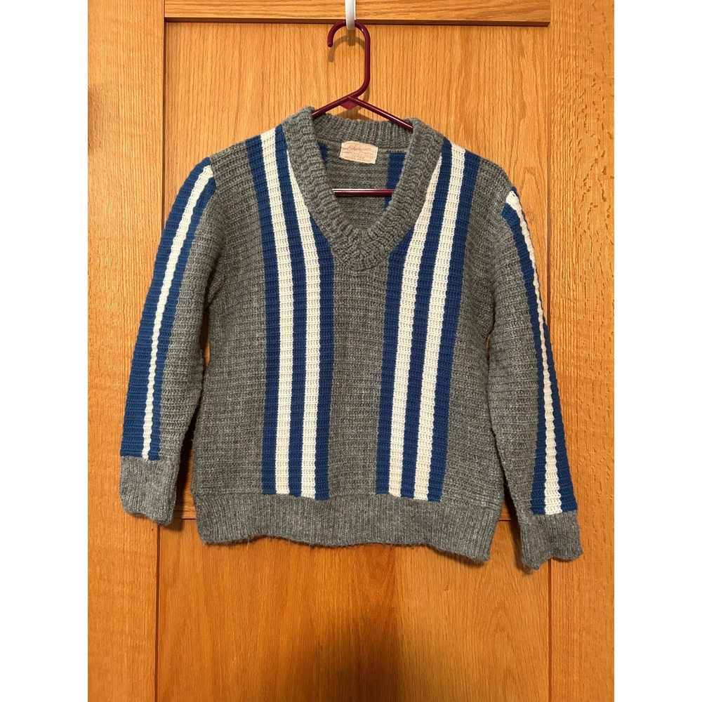 Vintage 70s Sheridan Creation Gray Blue White Striped V-Neck Acrylic Sweater XS